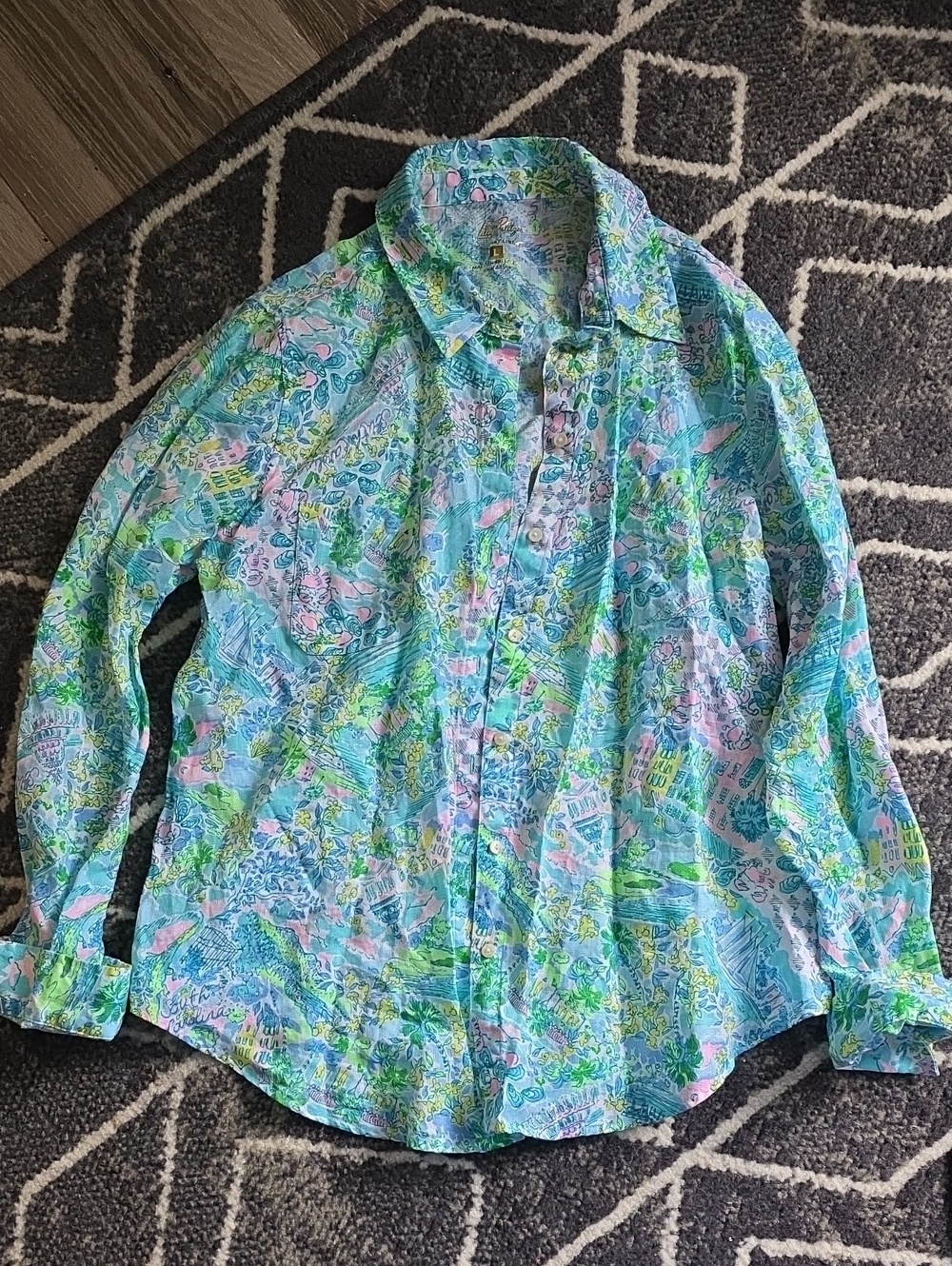 Lilly Pulitzer Pastel Blue Floral Print Linen Button-Down Shirt
